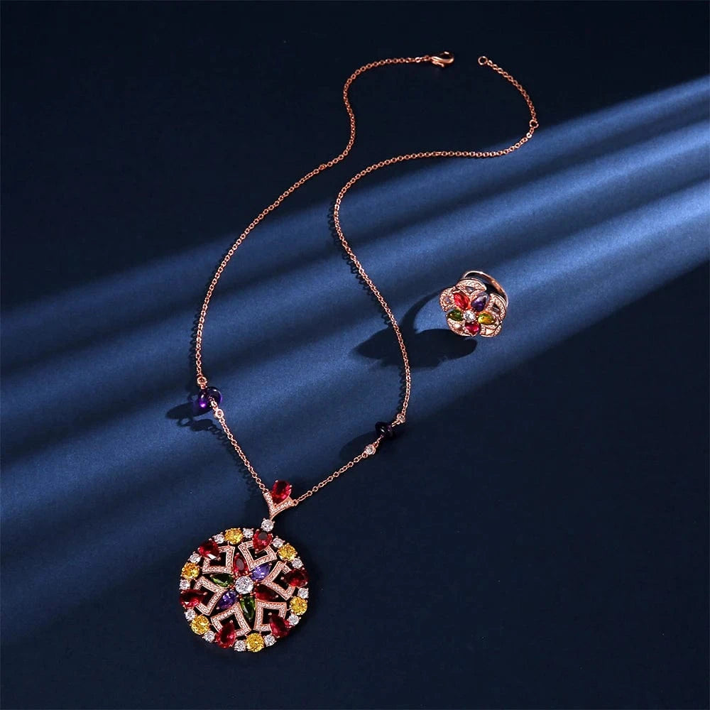 A generation factory sells Caibao zircon suit circular petal necklace ring women's sexy suit jewelry