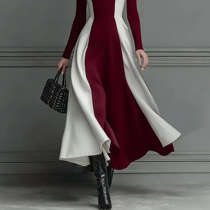 A - Line Dress - Contrast High Waist With Long Sleeves And Soft Polyester - Elegant Party Style - SN Wigs & More