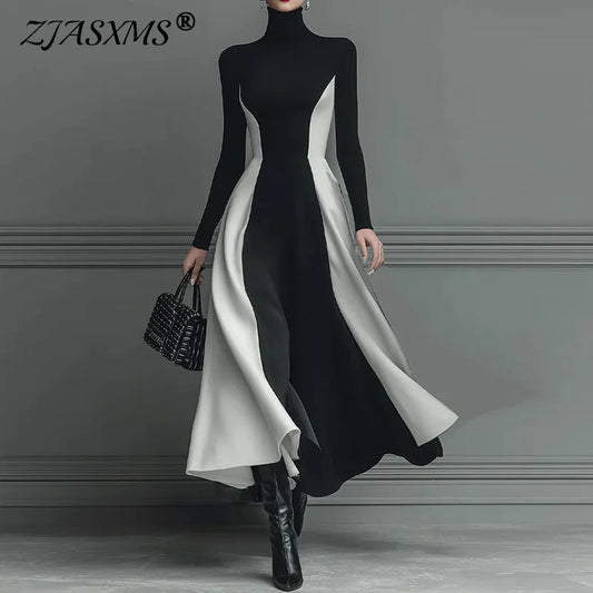 A - Line Dress - Contrast High Waist With Long Sleeves And Soft Polyester - Elegant Party Style - SN Wigs & More