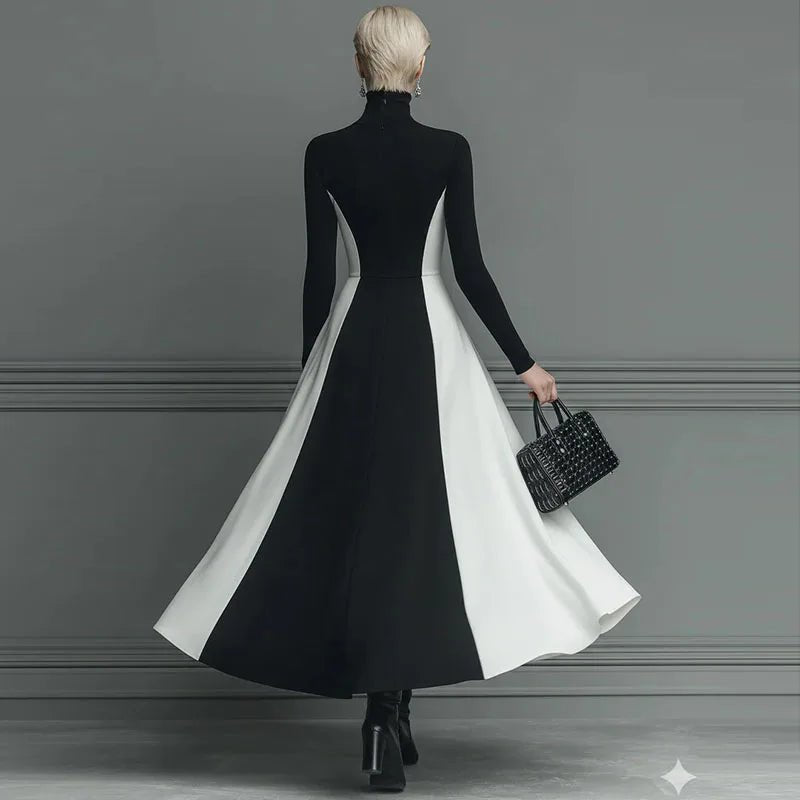 A - Line Dress - Contrast High Waist With Long Sleeves And Soft Polyester - Elegant Party Style - SN Wigs & More