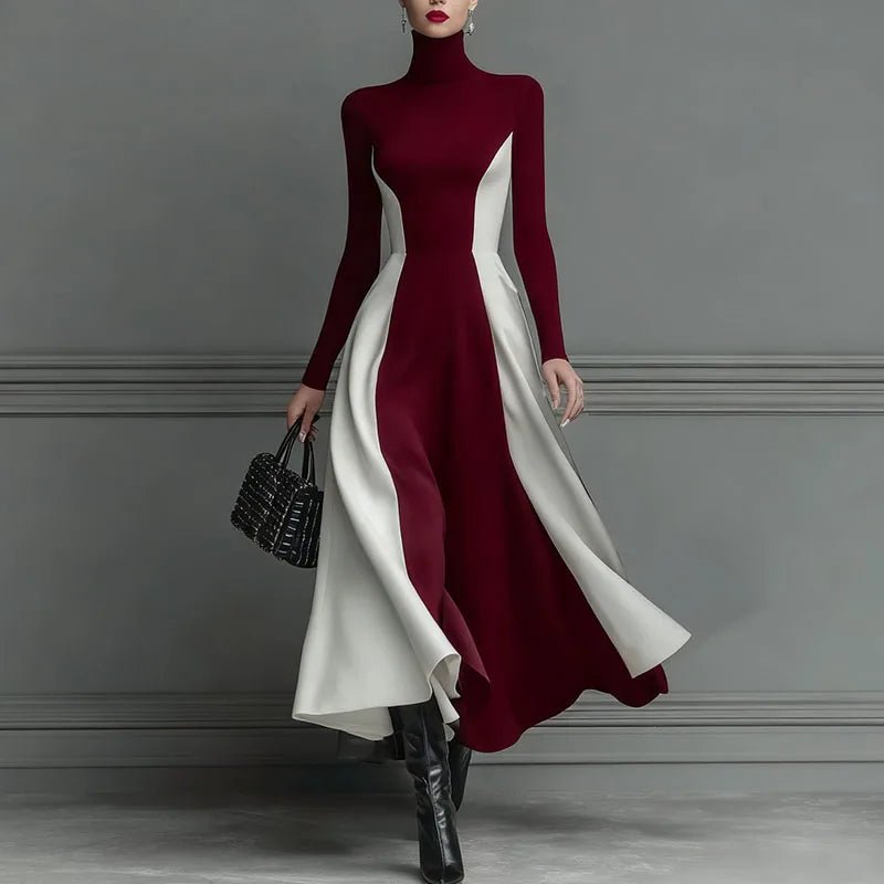 A - Line Dress - Contrast High Waist With Long Sleeves And Soft Polyester - Elegant Party Style - SN Wigs & More