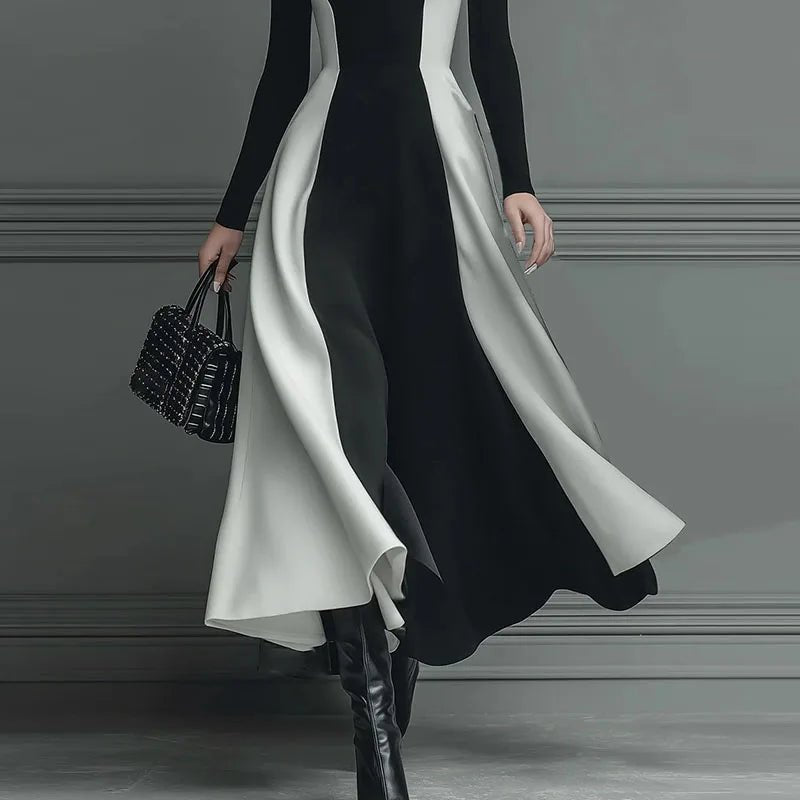 A - Line Dress - Contrast High Waist With Long Sleeves And Soft Polyester - Elegant Party Style - SN Wigs & More