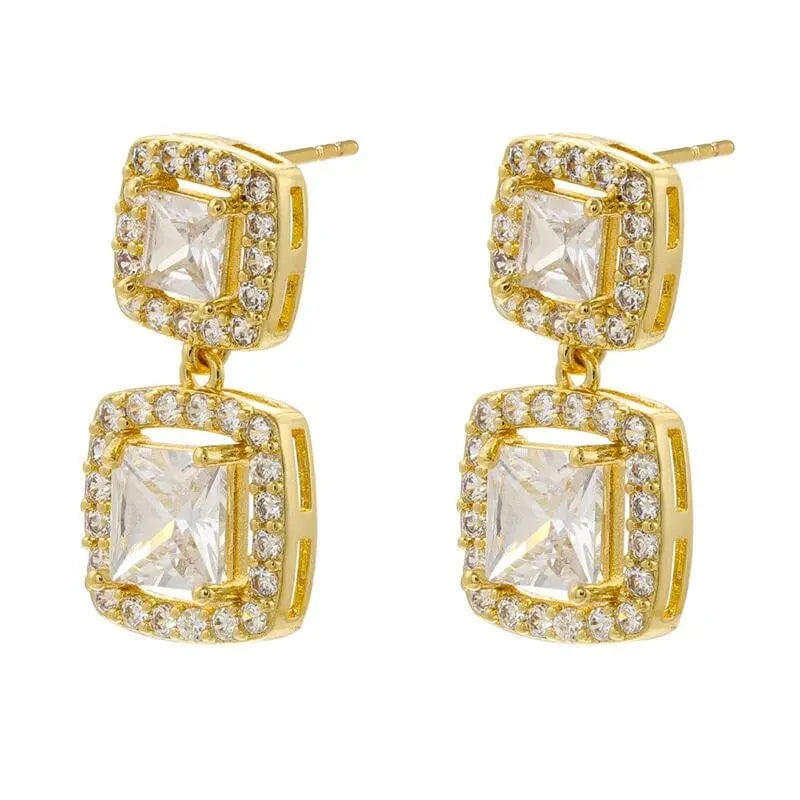 A Luxury Female Green Pink Zircon Crystal Stud Earrings Gold Plated Vintage Geometric Double Square Drop Earrings Women Jewelry