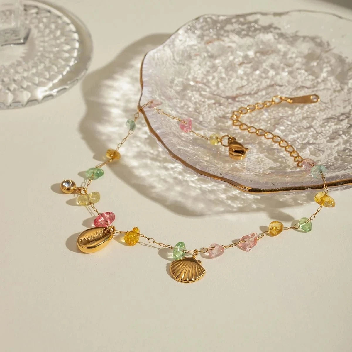 A334 18K Gold Plated Stainless Steel Stone Shell Fan Pendant Anklet, 20+5cm