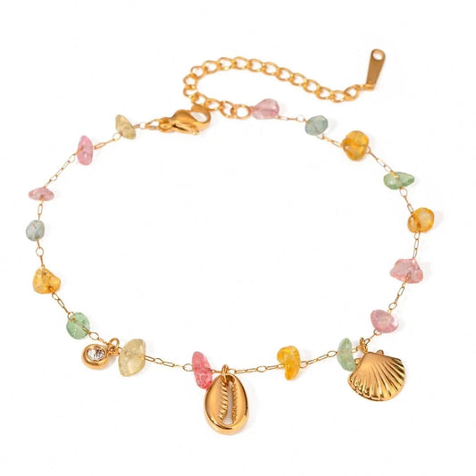 A334 18K Gold Plated Stainless Steel Stone Shell Fan Pendant Anklet, 20+5cm