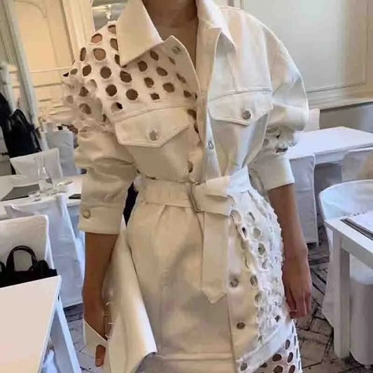 A4021 New Arrivals 2024 White Blue Long Sleeve Waistband Ripped Hole Women Jean Jackets Coats