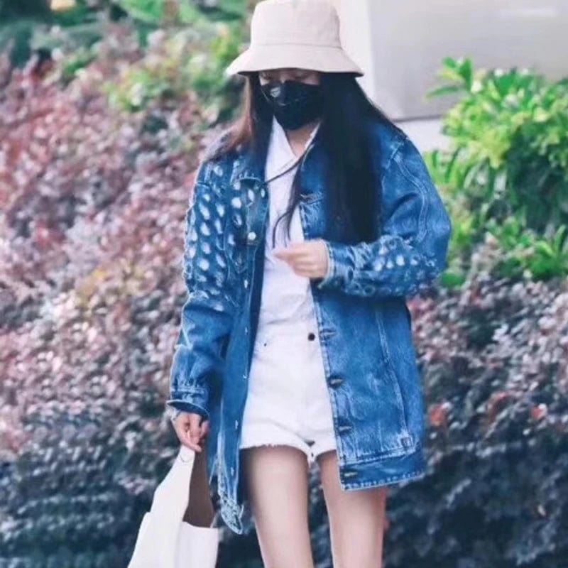 A4021 New Arrivals 2024 White Blue Long Sleeve Waistband Ripped Hole Women Jean Jackets Coats