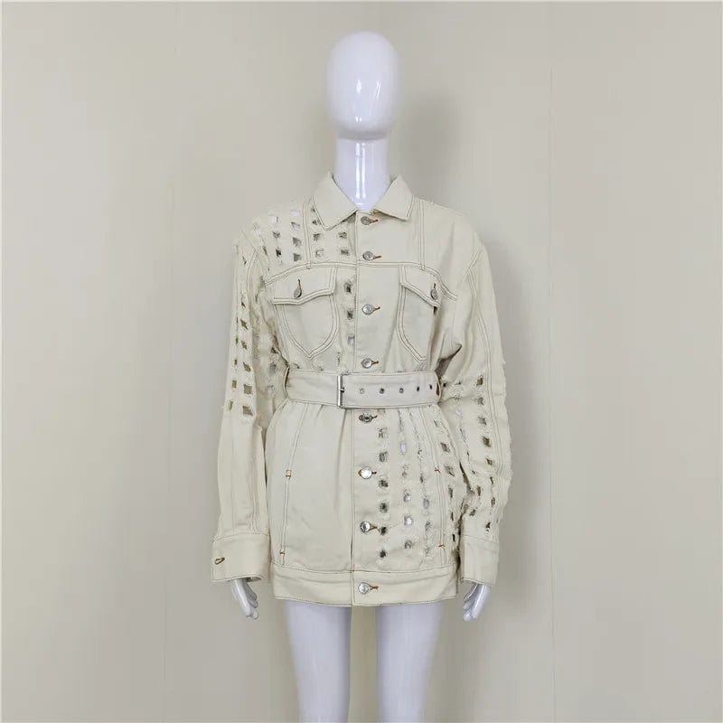 A4021 New Arrivals 2024 White Blue Long Sleeve Waistband Ripped Hole Women Jean Jackets Coats