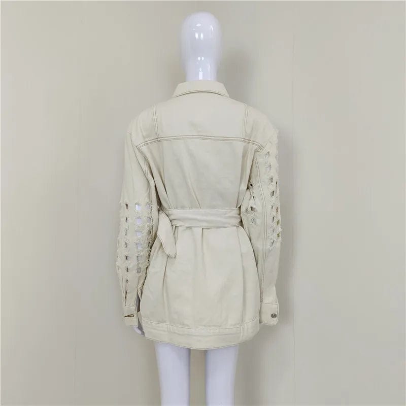 A4021 New Arrivals 2024 White Blue Long Sleeve Waistband Ripped Hole Women Jean Jackets Coats