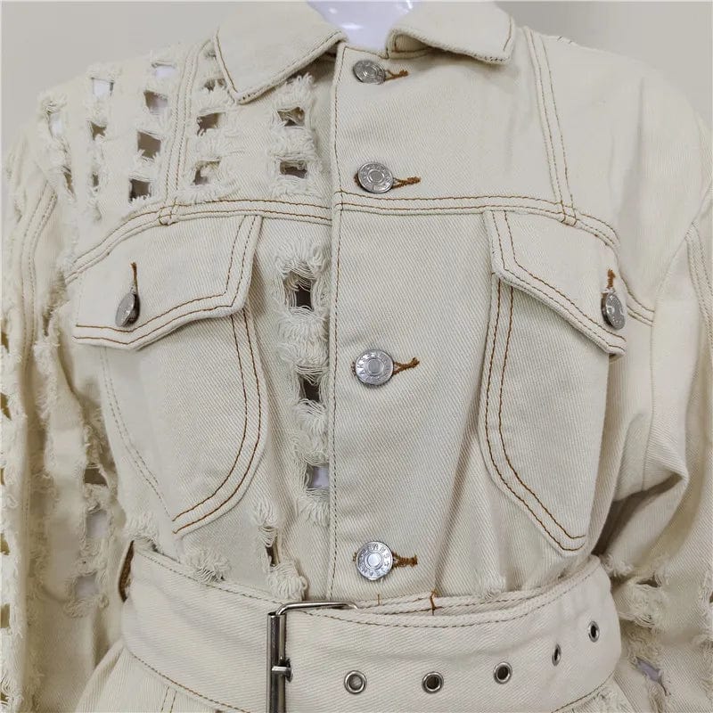 A4021 New Arrivals 2024 White Blue Long Sleeve Waistband Ripped Hole Women Jean Jackets Coats