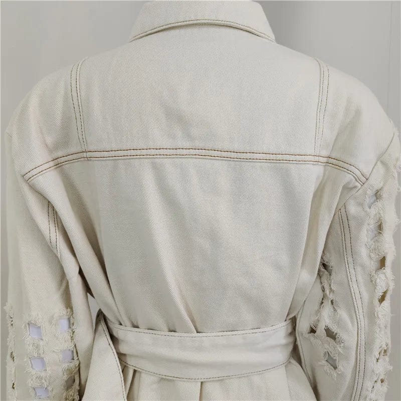 A4021 New Arrivals 2024 White Blue Long Sleeve Waistband Ripped Hole Women Jean Jackets Coats