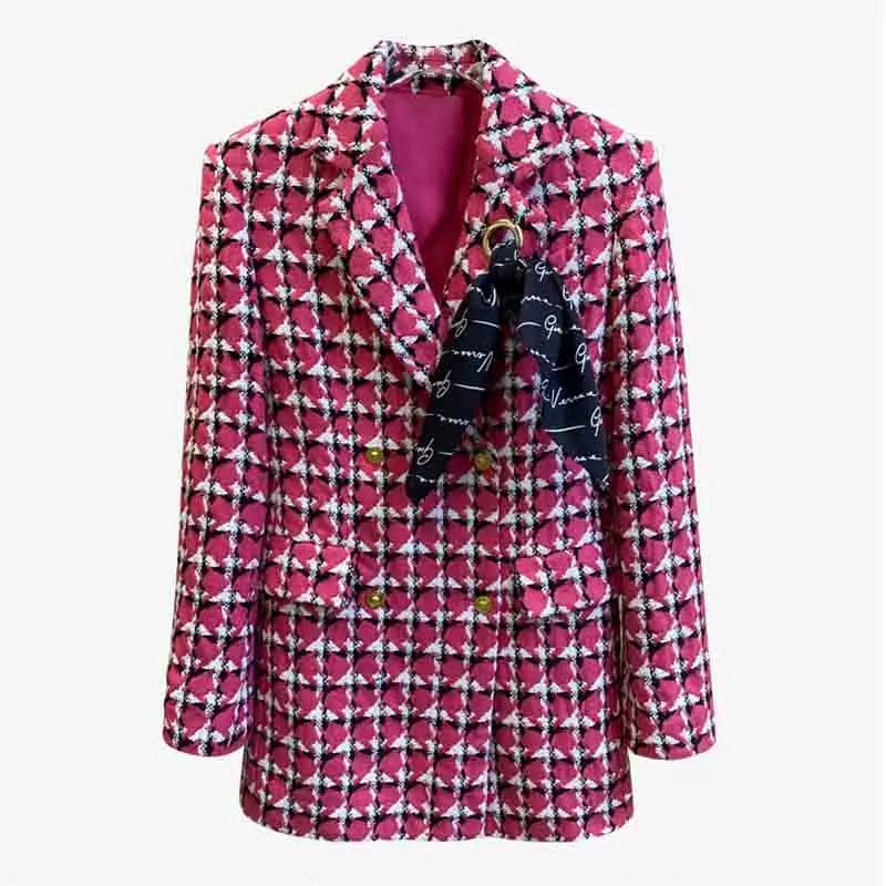 A4154 2024 New Arrivals Fuchsia Silk Scarf Decoration Plaid Wool Winter Jacket Women