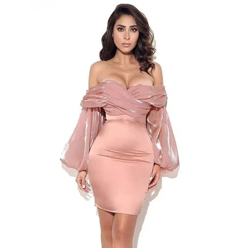 A4674 2024 New Arrivals White Pink Strapless Puff Sleeve Bodycon Dress Women Mini