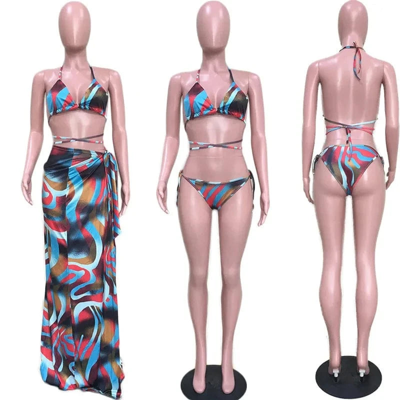 A5036 2024 Brand New  Long Skirt Bikini Suit Halter Fashion Sexy 3 Piece Bikini Set Women
