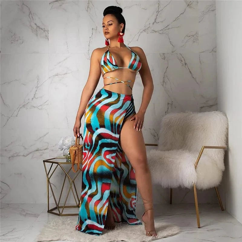 A5036 2024 Brand New  Long Skirt Bikini Suit Halter Fashion Sexy 3 Piece Bikini Set Women