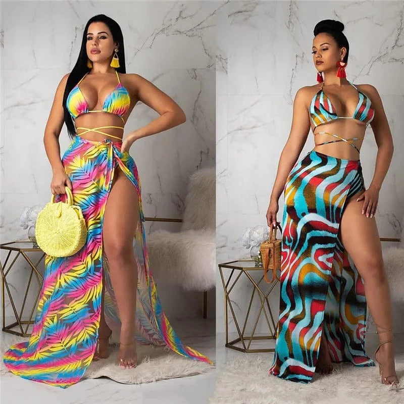 A5036 2024 Brand New  Long Skirt Bikini Suit Halter Fashion Sexy 3 Piece Bikini Set Women