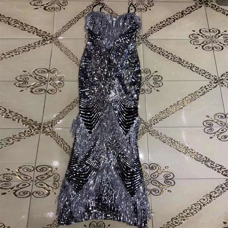 A5046 Luxury Spaghetti Strap Sequin Tassel Prom Dress 2024 Evening Gown