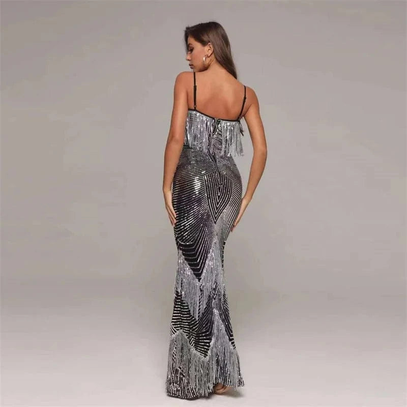 A5046 Luxury Spaghetti Strap Sequin Tassel Prom Dress 2024 Evening Gown