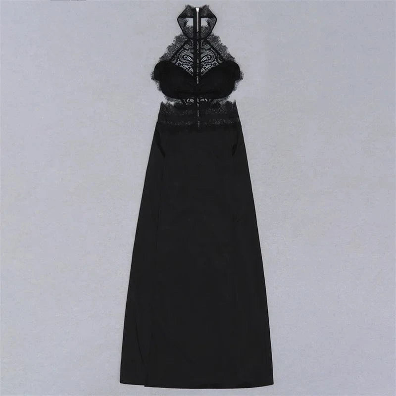 A5276 Stylish Black Halter Lace Backless Side Slit Sexy Summer Dress For Women 2024
