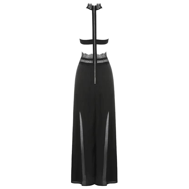 A5276 Stylish Black Halter Lace Backless Side Slit Sexy Summer Dress For Women 2024