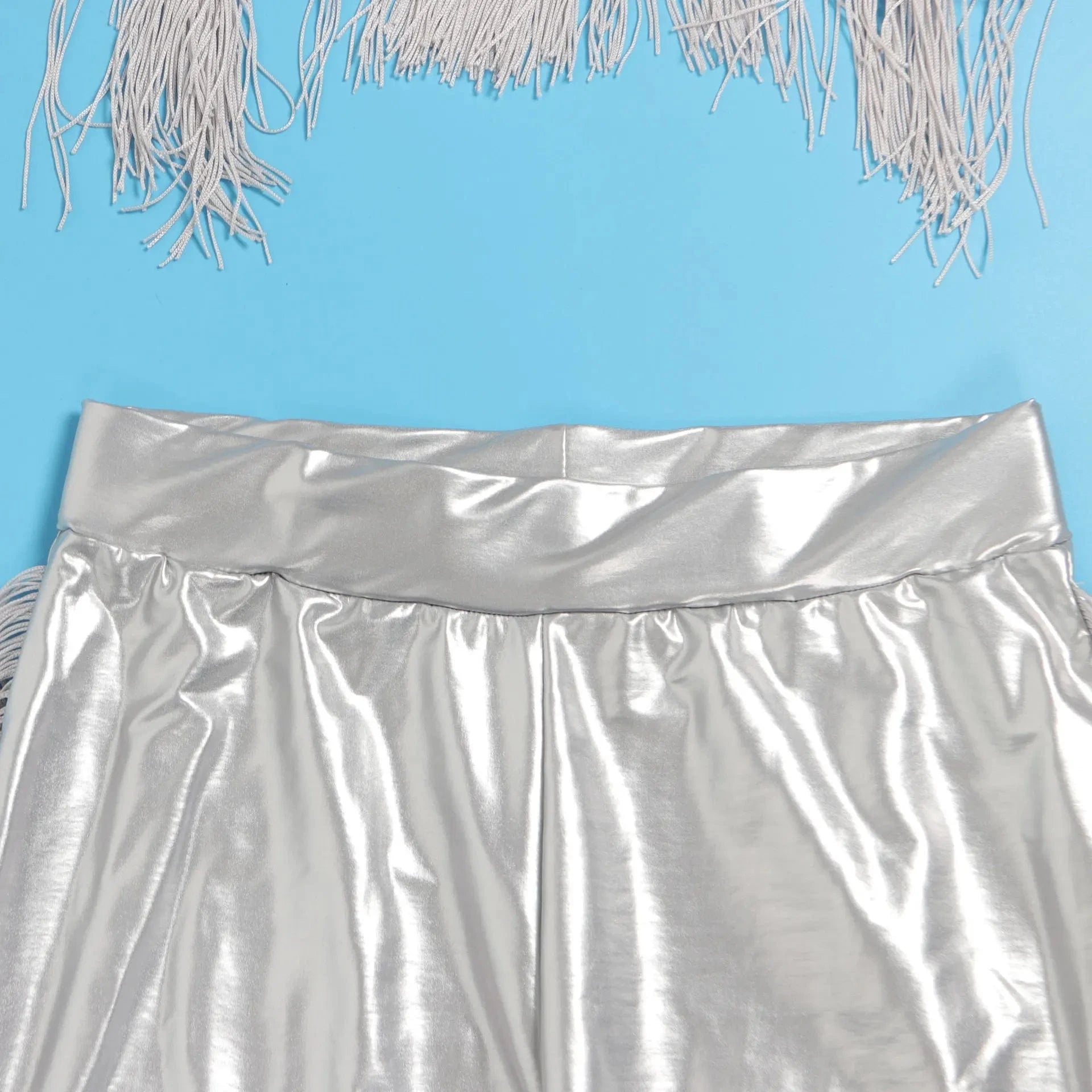 A7347 2024 New Tassels Patchwork Stretchy Leather 2 Piece Set Women Sexy Wrap Chest Tank Tops And Tight Pants Matching Set