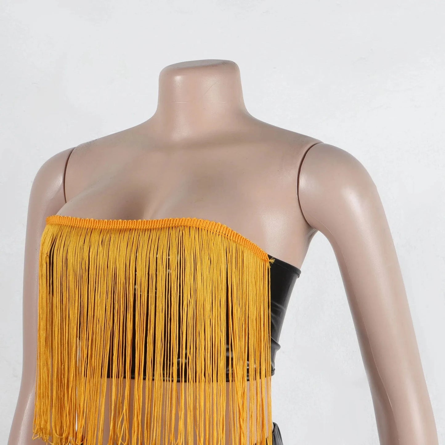 A7347 2024 New Tassels Patchwork Stretchy Leather 2 Piece Set Women Sexy Wrap Chest Tank Tops And Tight Pants Matching Set