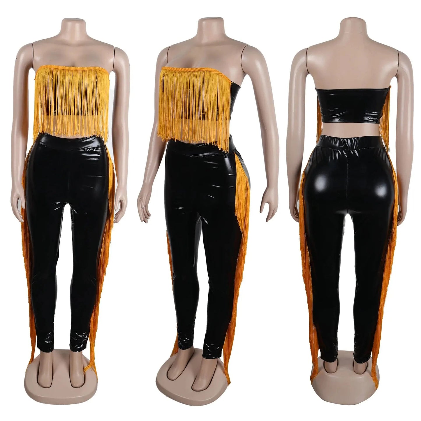 A7347 2024 New Tassels Patchwork Stretchy Leather 2 Piece Set Women Sexy Wrap Chest Tank Tops And Tight Pants Matching Set
