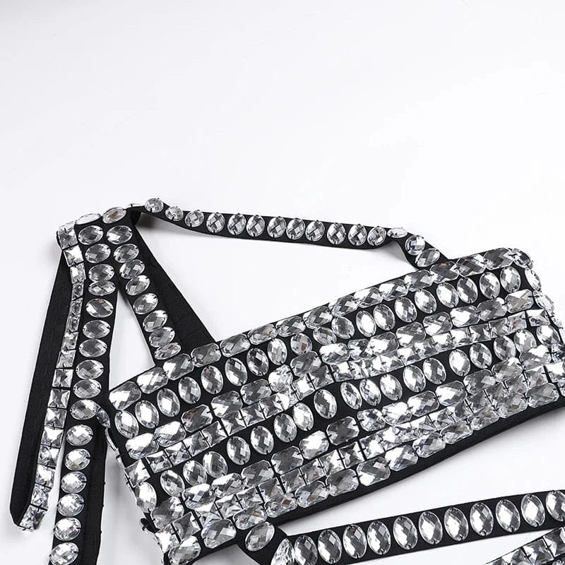 A8640 2024 Latest Style Fashion Nightclub Evening Two Piece Set Women Dress Rhinestone Patchwork Top and Skirt Set