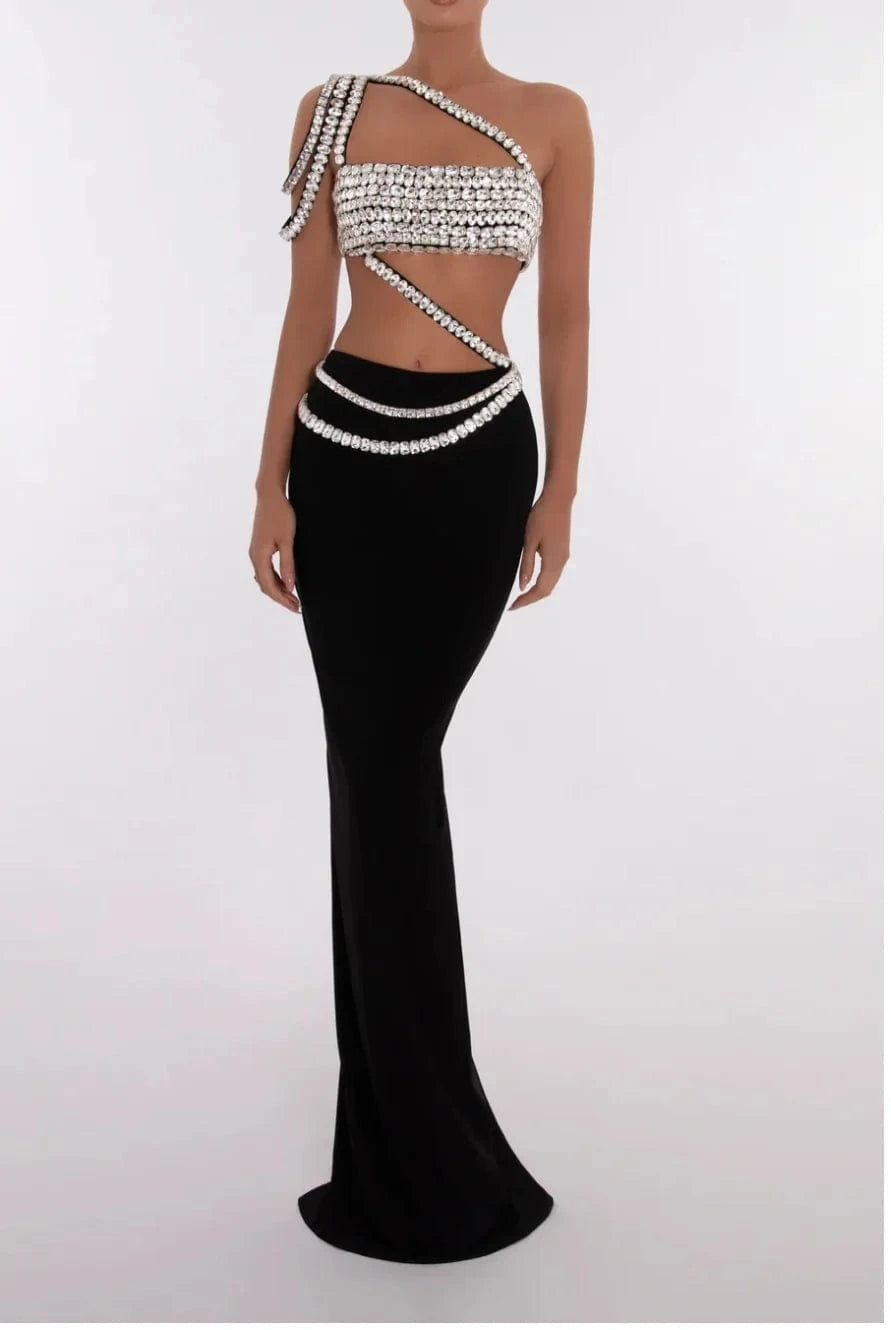 A8640 2024 Latest Style Fashion Nightclub Evening Two Piece Set Women Dress Rhinestone Patchwork Top and Skirt Set