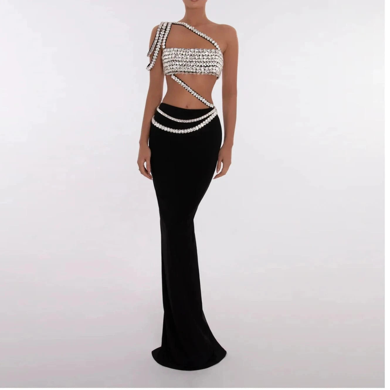 A8640 2024 Latest Style Fashion Nightclub Evening Two Piece Set Women Dress Rhinestone Patchwork Top and Skirt Set