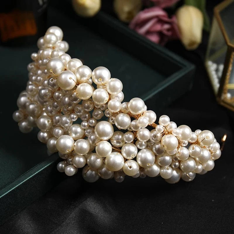 AB Wholesale Full of Pearls Tiara Bridal Headpieces Hairband Tiaras with Pearls Rhinestone Crowns Pageant Crowns Fashionable 16*9cm