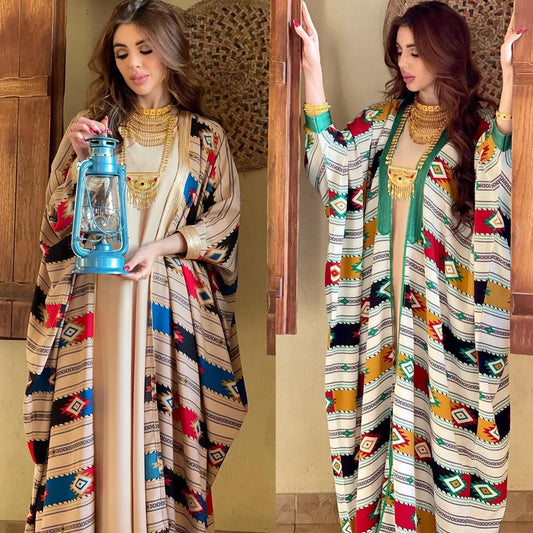 AB198 Traditional Muslim Clothing Middle East Stripe Bat Sleeve Muslim Vest Cardigan Two piece Abaya Set Muslim women Dress