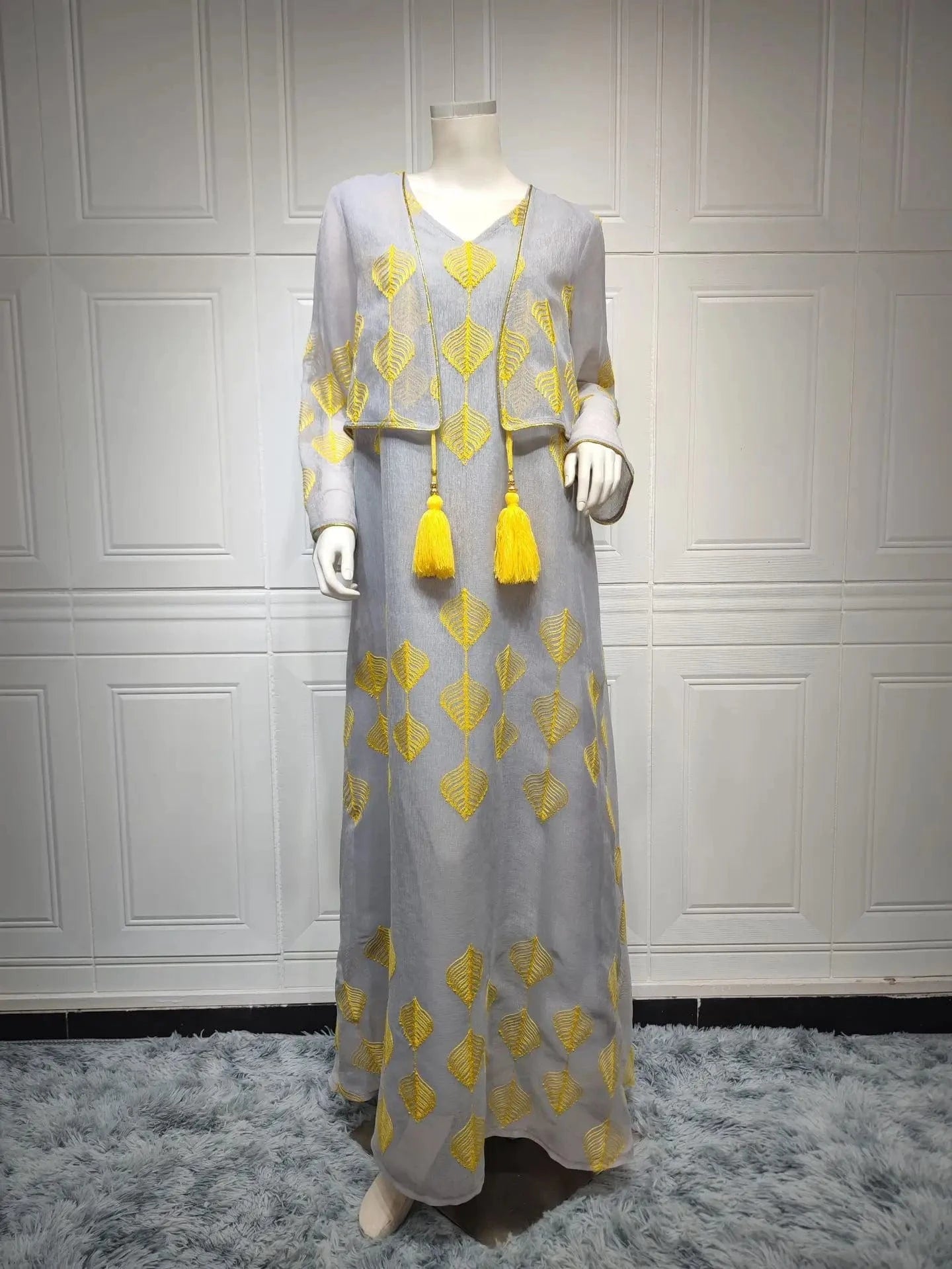 AB248 High Quality False Two piece Dress Tassel Splicing Mesh Robe De Soiree Middle East Muslim Dress For Women Moroccan Dress