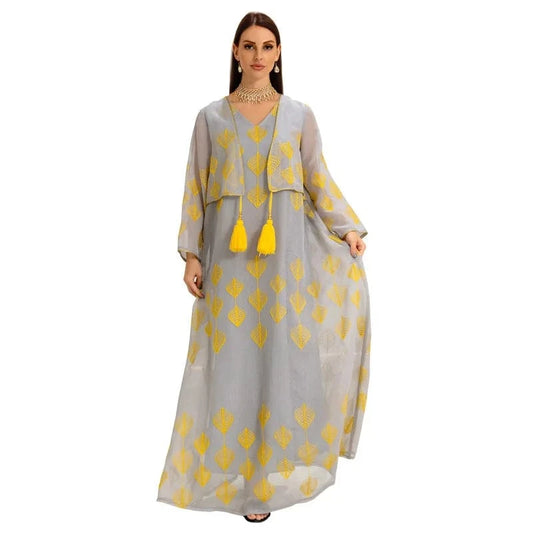 AB248 High Quality False Two piece Dress Tassel Splicing Mesh Robe De Soiree Middle East Muslim Dress For Women Moroccan Dress