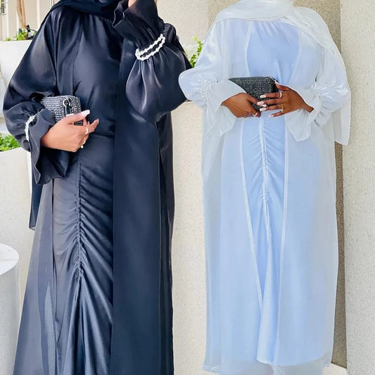 Abaya Ruffle Sleeve Open Front Robe Ramadan Eid Turkey Shiny Satin Islamic Clothing Flowy Beaded Open Abaya