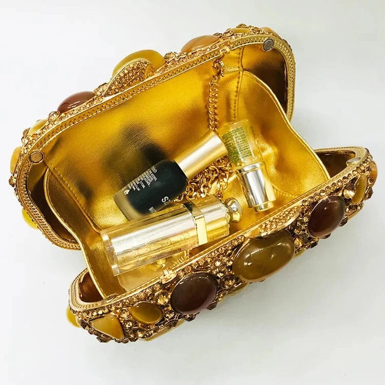 About 18.5*5.5*12cm / Golden New big rhinestone handmade bags party wedding Agate clutch purse for women luxury trendy gold clutch bag evening bags ladies