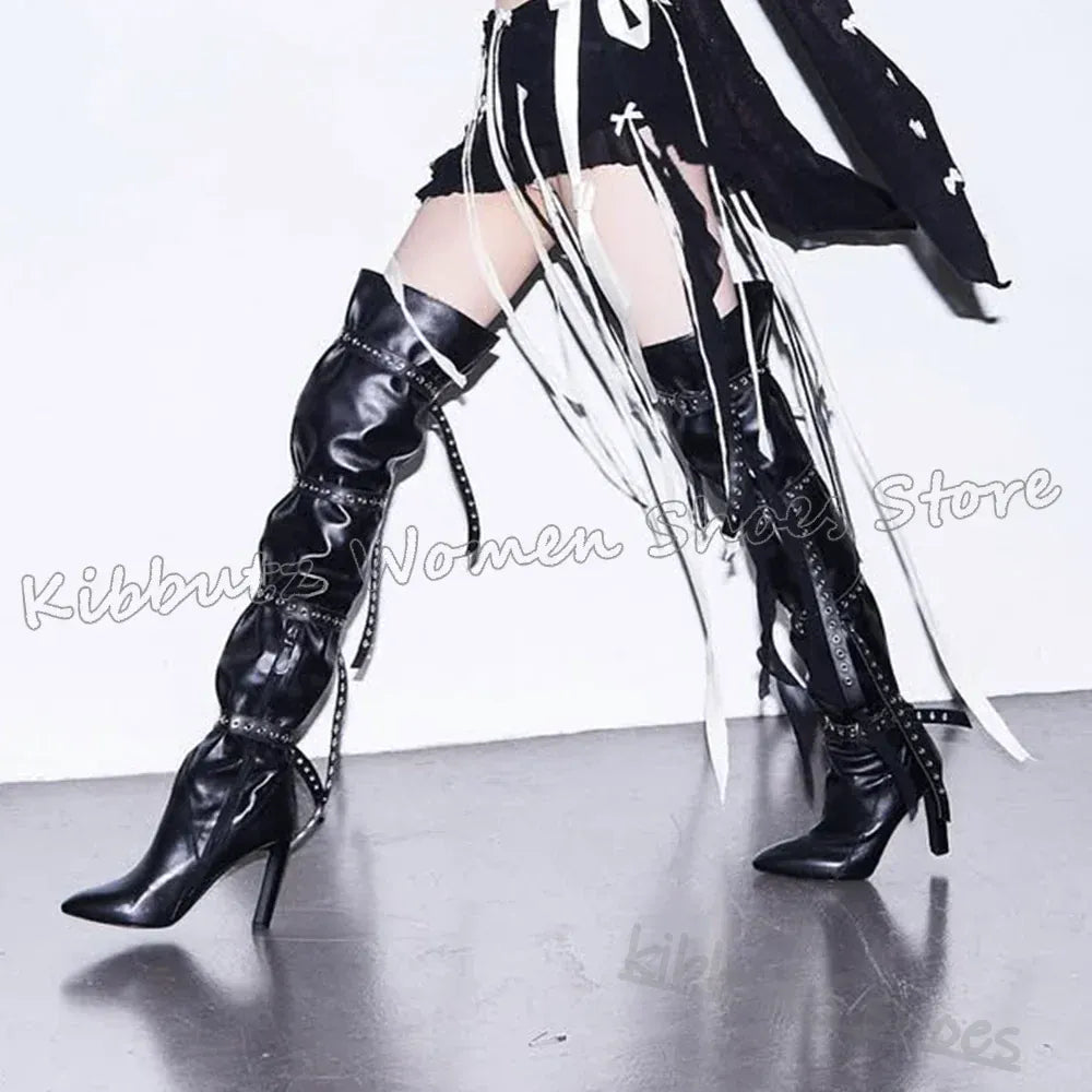 Above The Knee Boots Belt Buckle Pointed Toe Chunky Heels Solid Color Leather Fashion Luxury Elegant Concise Spicy Girls Shoes