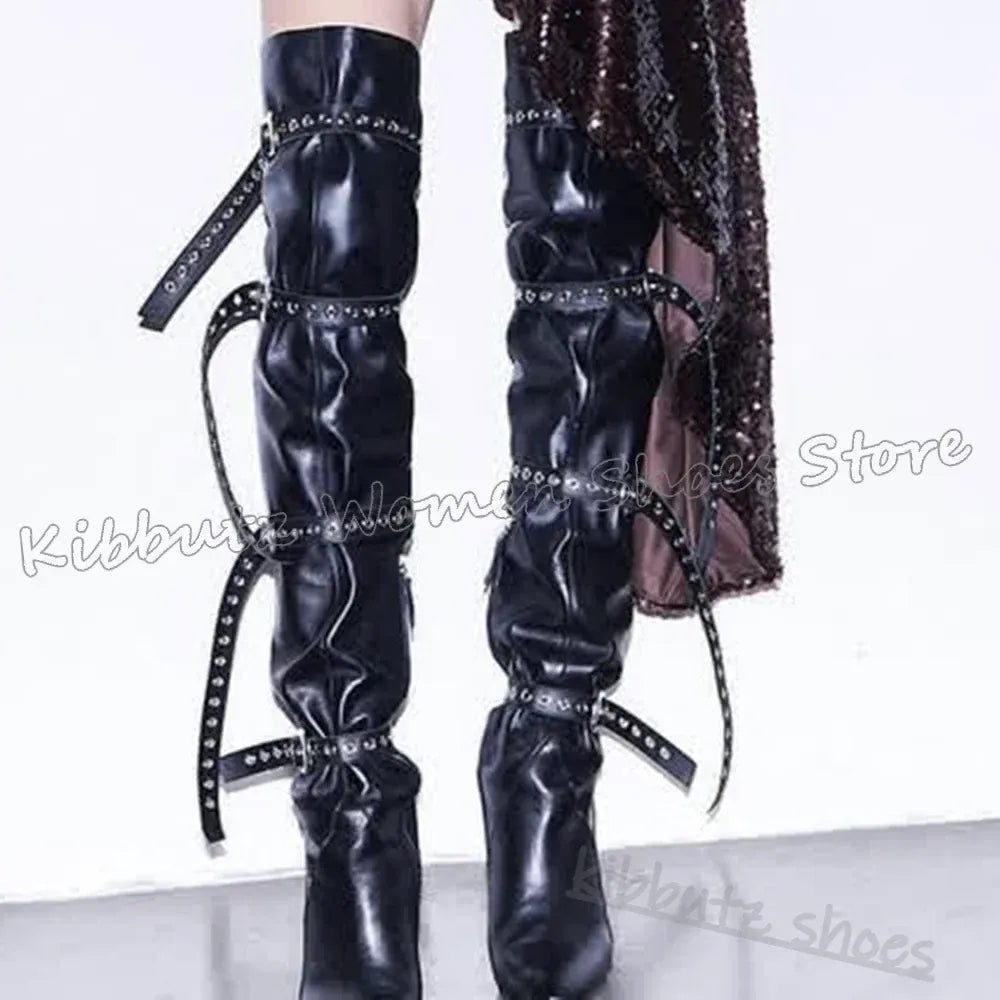 Above The Knee Boots Belt Buckle Pointed Toe Chunky Heels Solid Color Leather Fashion Luxury Elegant Concise Spicy Girls Shoes