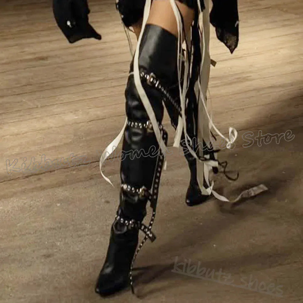 Above The Knee Boots Belt Buckle Pointed Toe Chunky Heels Solid Color Leather Fashion Luxury Elegant Concise Spicy Girls Shoes