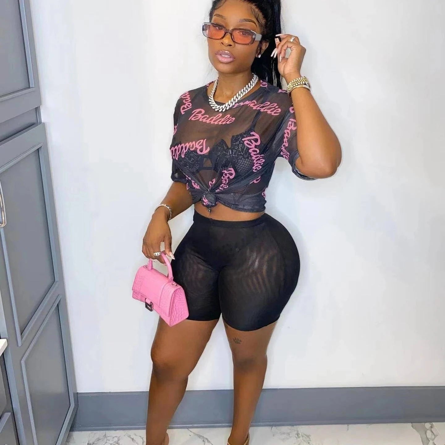 AC8323 Good Quality bodycon See Through Mesh Sexy 2 piece Set Y2K Fashion Pringtings Women Outfits Shorts Women Clothing 2023
