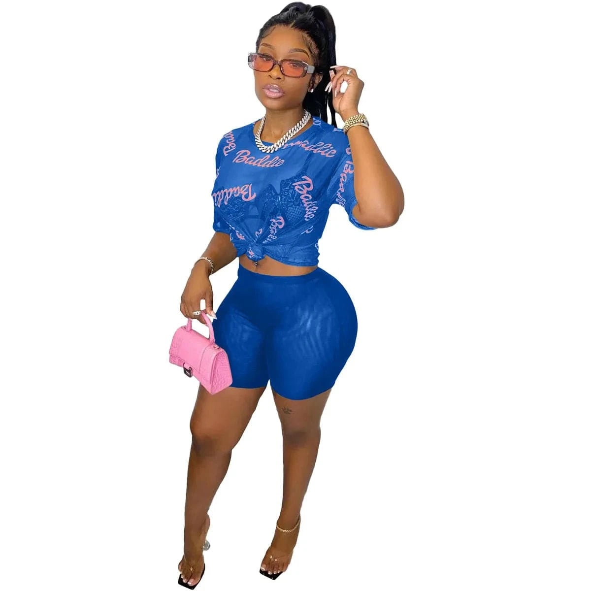 AC8323 Good Quality bodycon See Through Mesh Sexy 2 piece Set Y2K Fashion Pringtings Women Outfits Shorts Women Clothing 2023