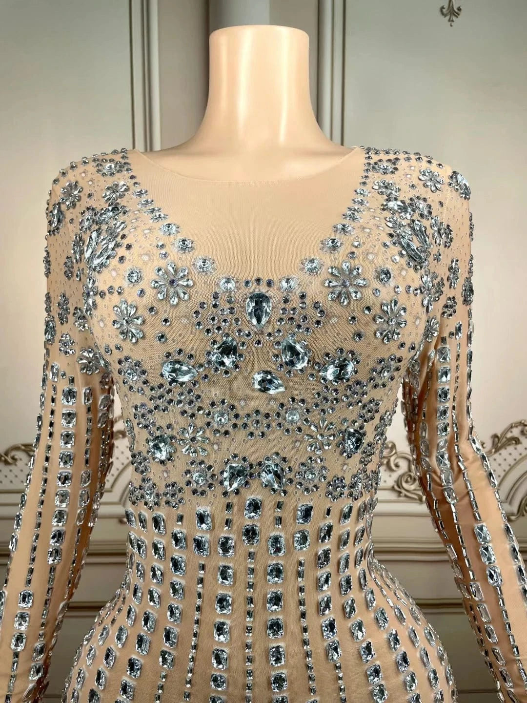 AD1483 Kimshein Women Luxury Gown Long Sleeve Transparent Rhinestone Crystal Dress Elegant For Birthday Party Clothing