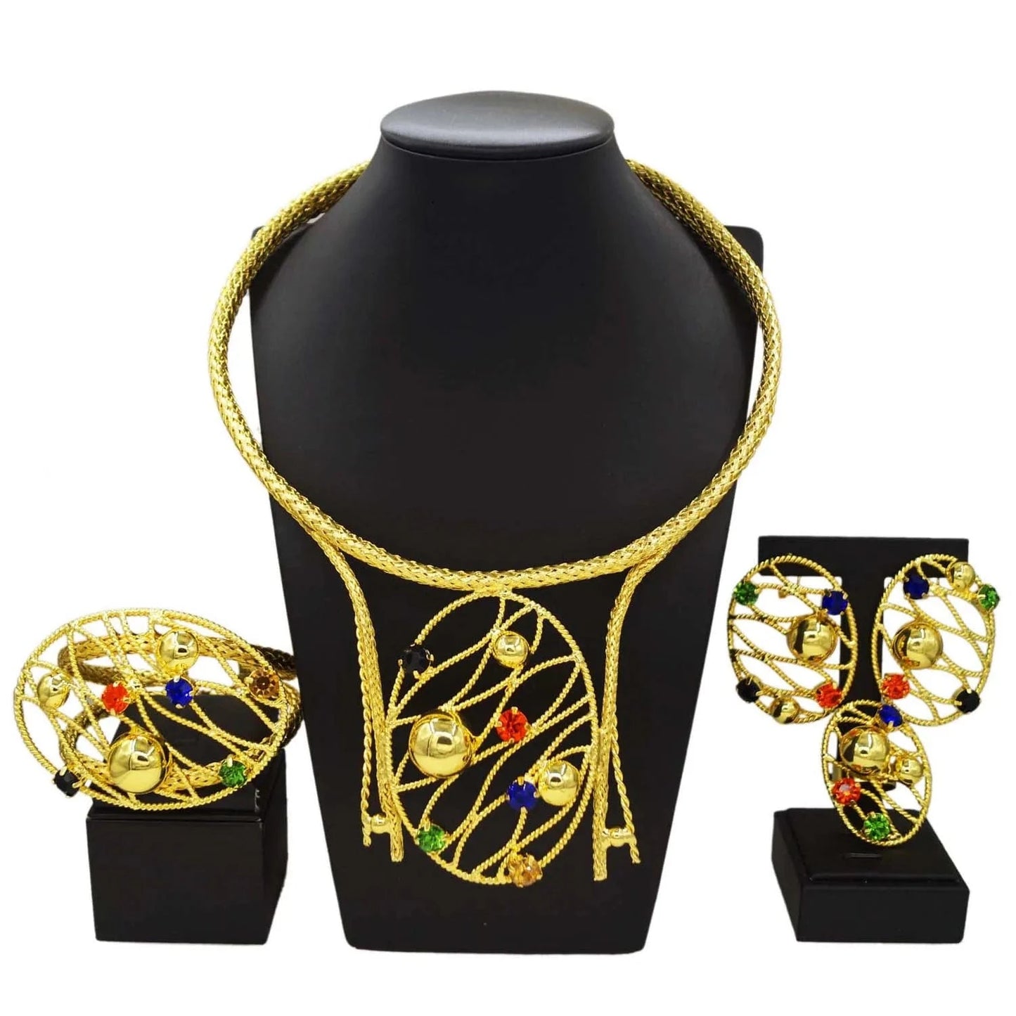 Adjustable / 11 Fashion New Arrivals Brasil Gold Plated Copper Necklace Bracelet Earrings Ring Set Latest Bridal Wedding Wholesale Gift Jewelry