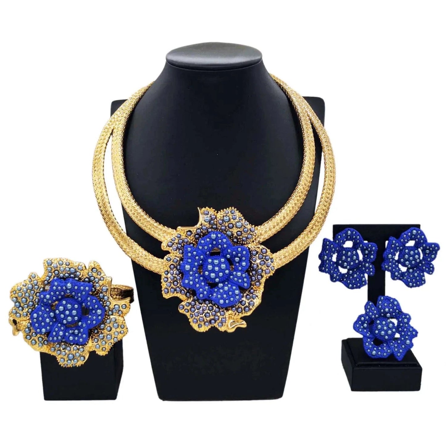 Adjustable / 3 Fashion New Arrivals Brasil Gold Plated Copper Necklace Bracelet Earrings Ring Set Latest Bridal Wedding Wholesale Gift Jewelry