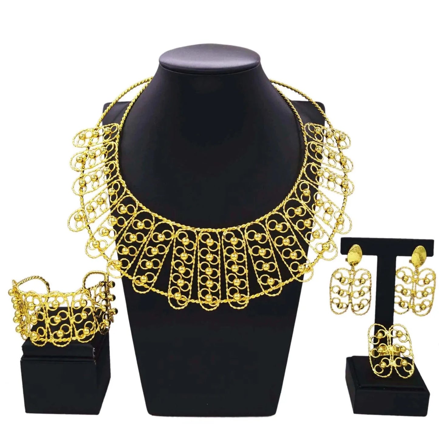 Adjustable / 9 Fashion New Arrivals Brasil Gold Plated Copper Necklace Bracelet Earrings Ring Set Latest Bridal Wedding Wholesale Gift Jewelry