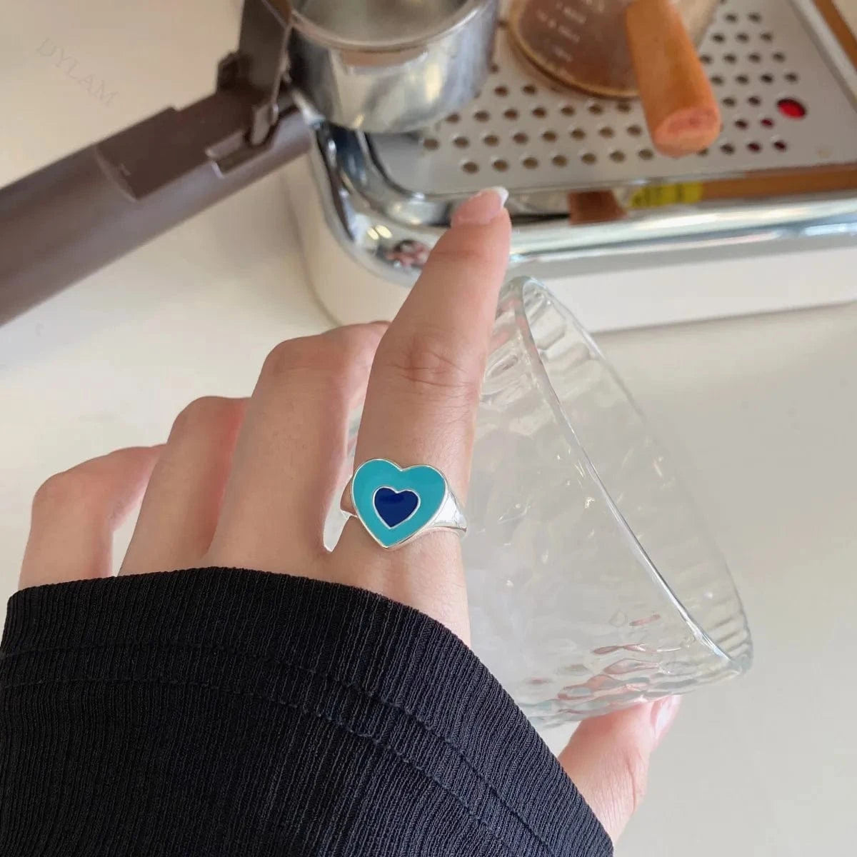 Adjustable / MW120014-S-S-BU Dylam Cute Charm Women Fine Jewelry 925 Sterling Silver Rhodium Plated Adjustable Resizable Enamel Heart Shape Promise Rings