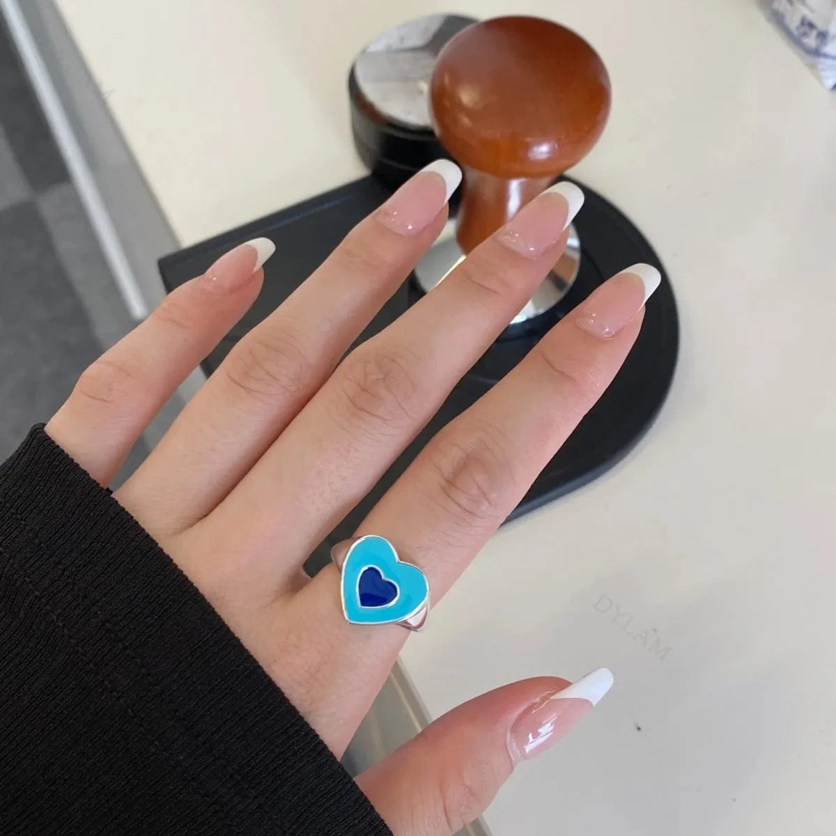 Adjustable / MW120014-S-S-BU Dylam Cute Charm Women Fine Jewelry 925 Sterling Silver Rhodium Plated Adjustable Resizable Enamel Heart Shape Promise Rings