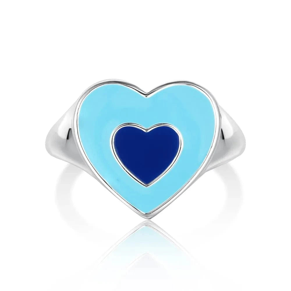Adjustable / MW120014-S-S-BU Dylam Cute Charm Women Fine Jewelry 925 Sterling Silver Rhodium Plated Adjustable Resizable Enamel Heart Shape Promise Rings