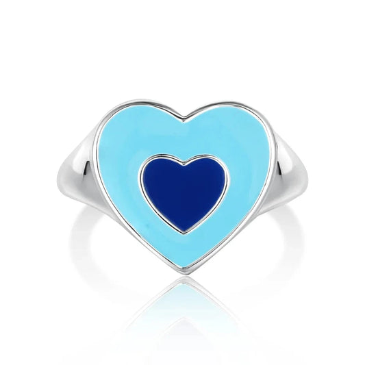 Adjustable / MW120014-S-S-BU Dylam Cute Charm Women Fine Jewelry 925 Sterling Silver Rhodium Plated Adjustable Resizable Enamel Heart Shape Promise Rings