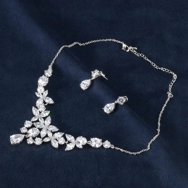Adjustable open ring / white white-gold RAKOL SP1006 luxury jewelry set for women zircon necklace sets